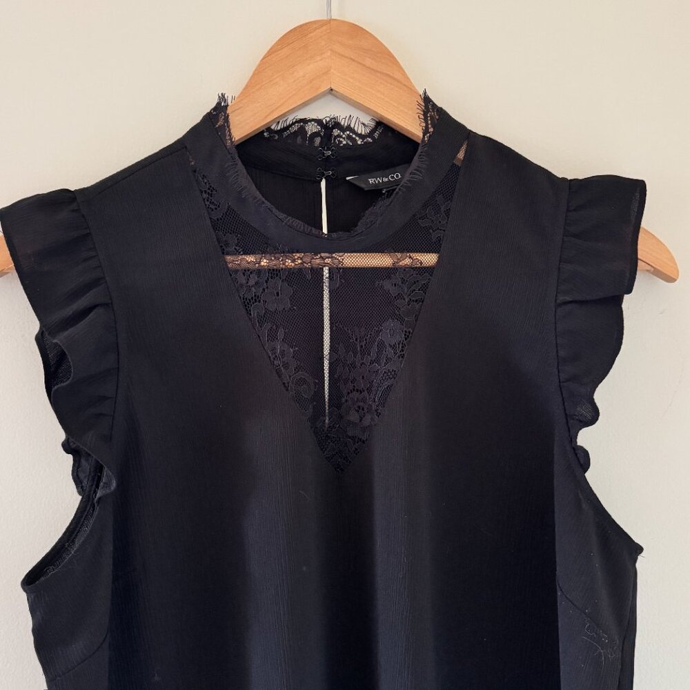 RW&CO Black Lace Sleeveless Blouse Ruffle Sleeve Workwear Top